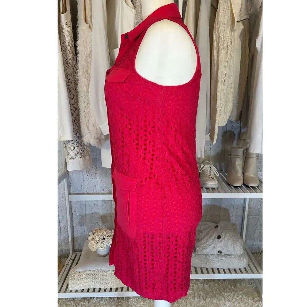 Cece Women's Sz 10 Bright Pink Lined Eyelet Sleeveless Sheath Shirt Dress #0327 - Picture 3 of 14